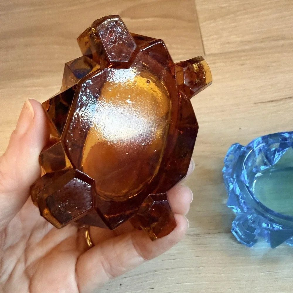 Blue and Amber Pressed Glass Open Salt Cellar Trinket Dish Set of 2